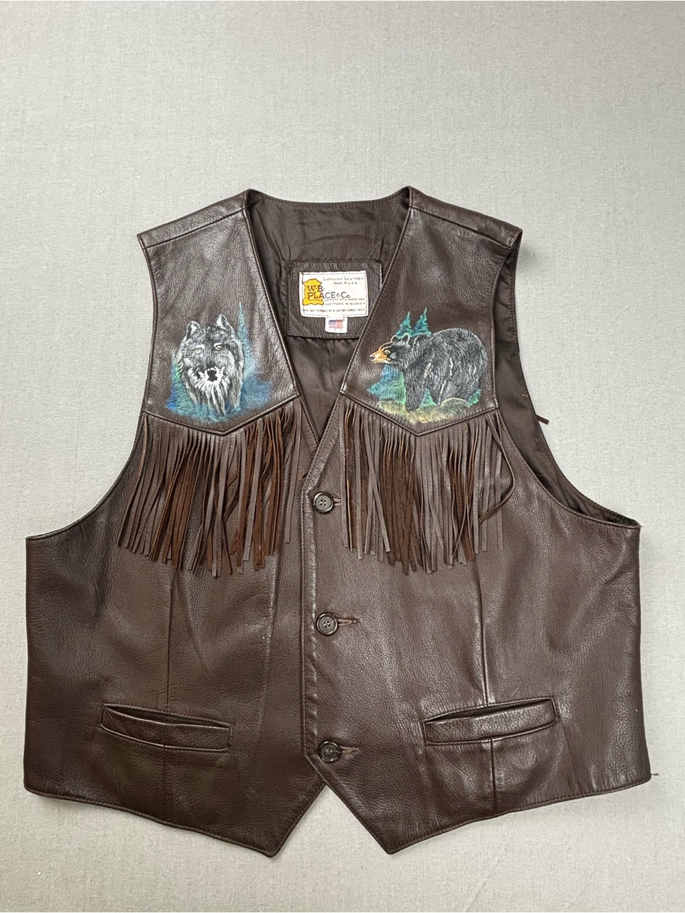 Vtg W.B. Place & Co. Vest Mens XL Brown Leather Fringe Hand Painted Wolf Stoffel
